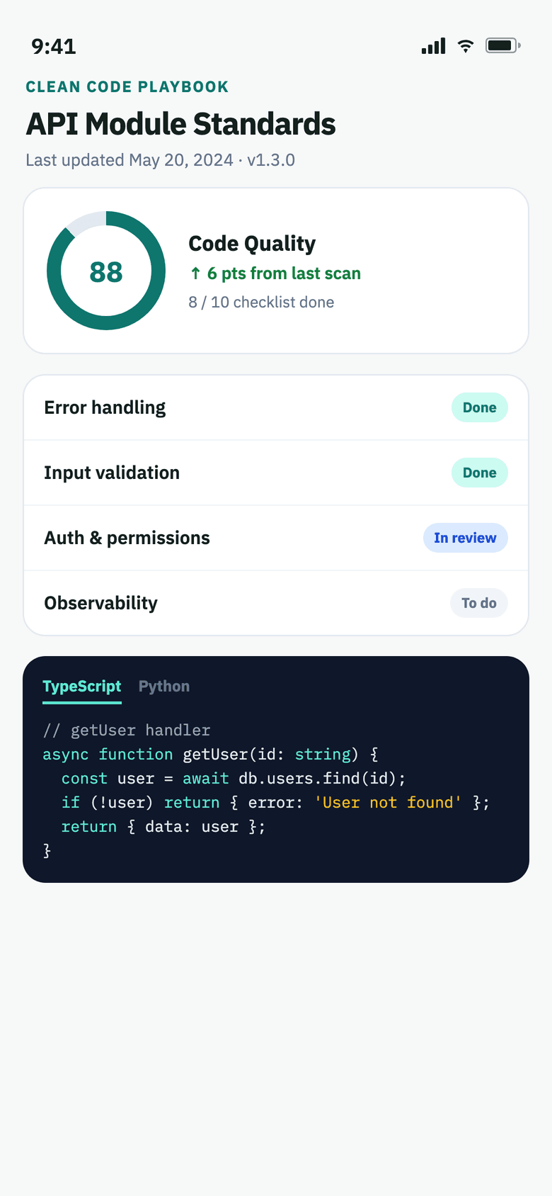 Clean Code Playbook on mobile — Clean Code Playbook standards checklist with quality scorecard and code samples.