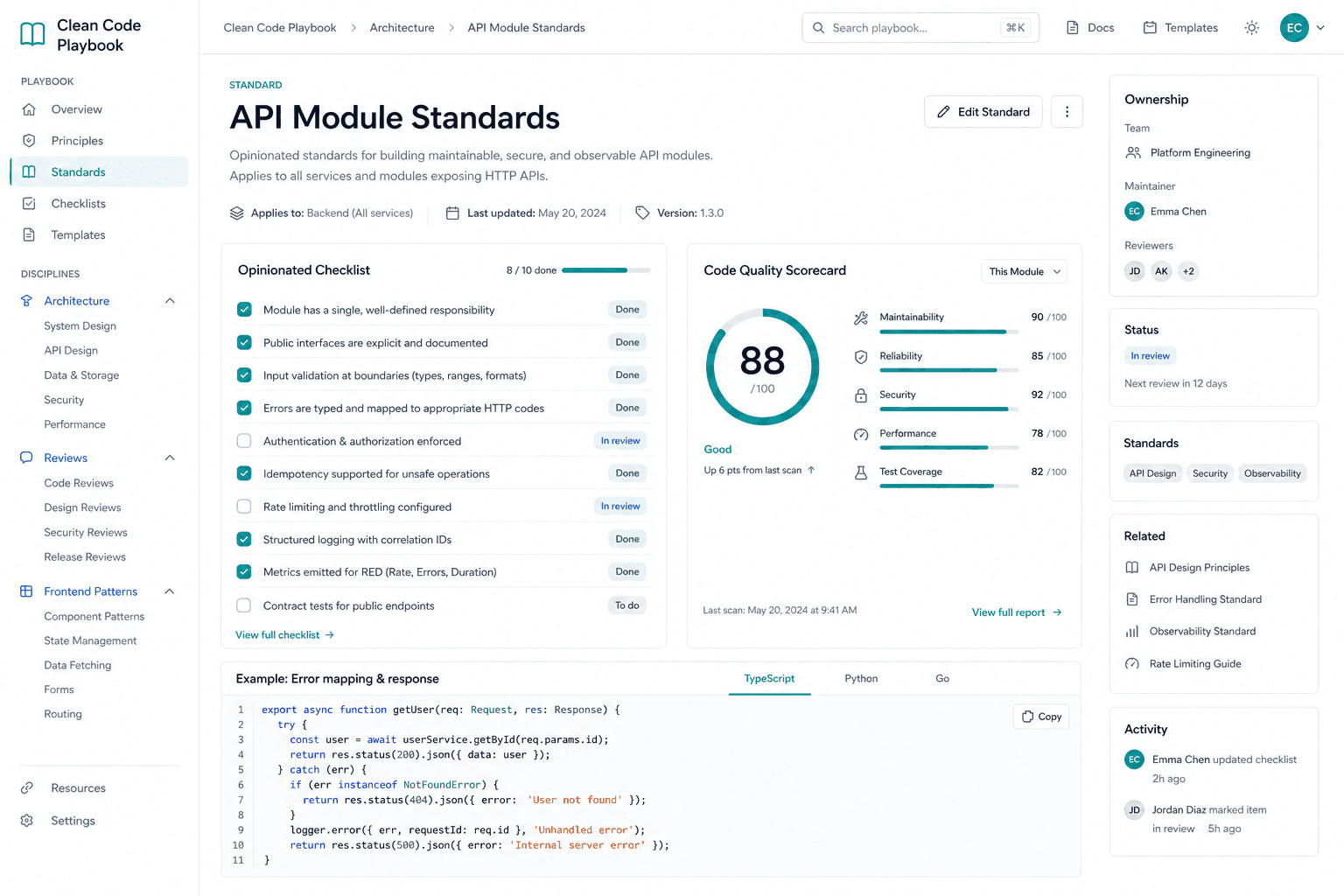 Clean Code Playbook standards checklist with quality scorecard and code samples.