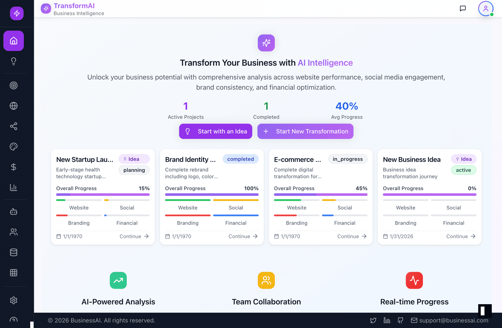 ExecuraSuite projects dashboard with active initiatives and progress tracking.