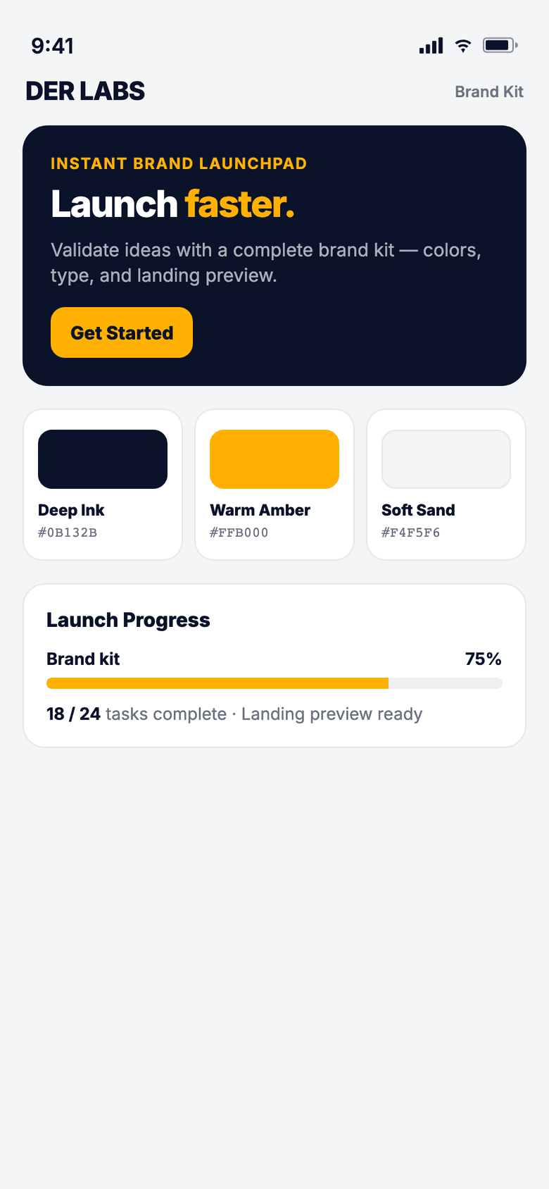 Instant Brand Launchpad on mobile — Instant Brand Launchpad brand kit with colors, type, and launch progress.