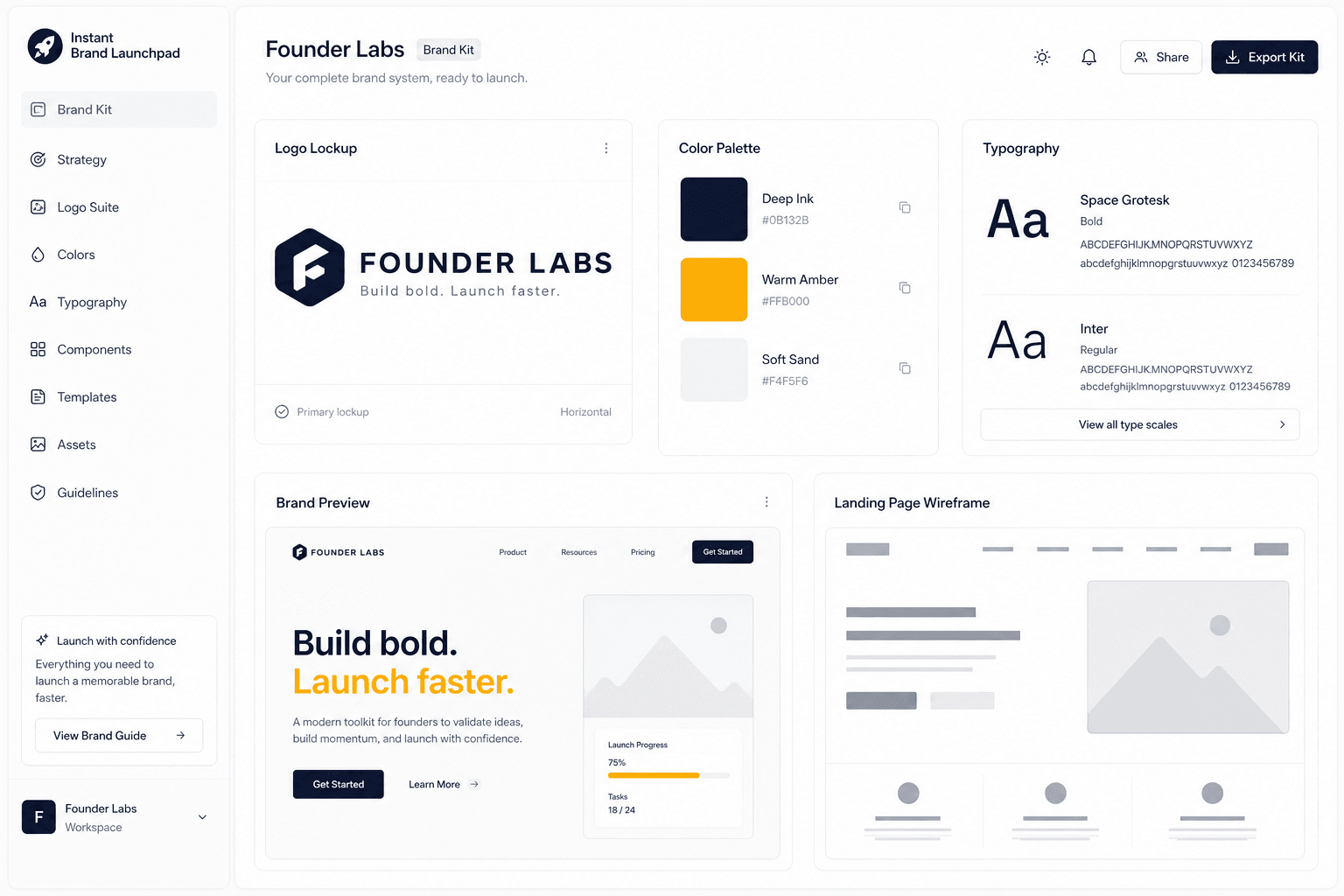 Instant Brand Launchpad brand kit with colors, type, and launch progress.