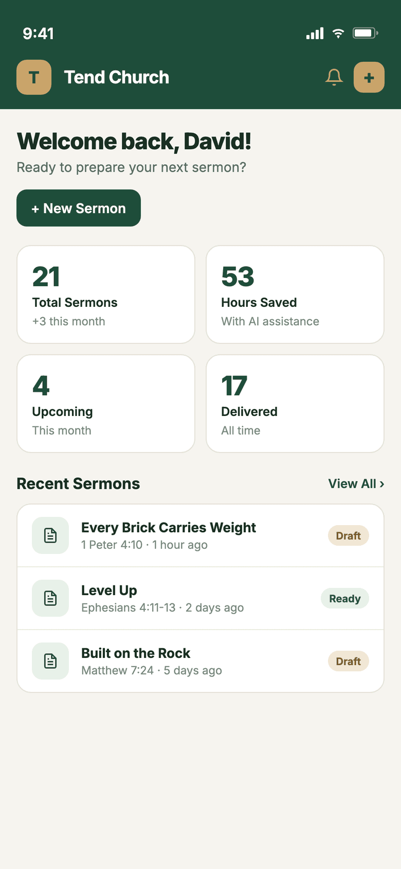 Tend Church on mobile — Tend Church sermon dashboard with stats and recent sermons on desktop and mobile.