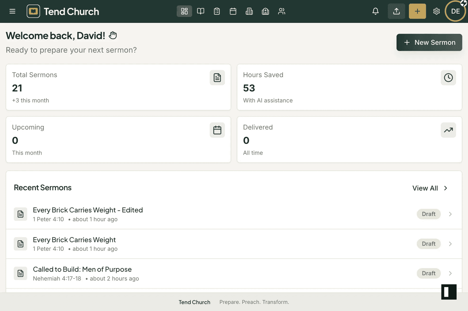 Tend Church sermon dashboard with stats and recent sermons on desktop and mobile.