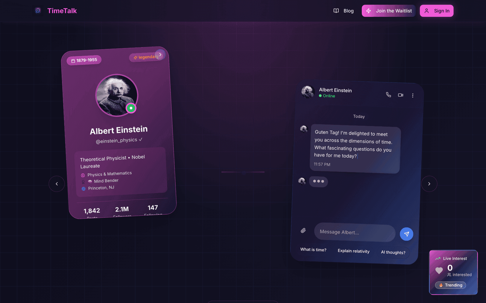 TimeTalk chat with Albert Einstein — mobile conversation and desktop persona preview.