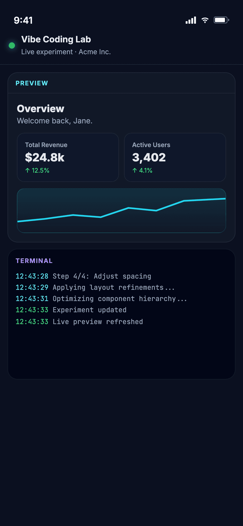 Vibe Coding Lab on mobile — Vibe Coding Lab live preview with metrics dashboard and terminal updates.