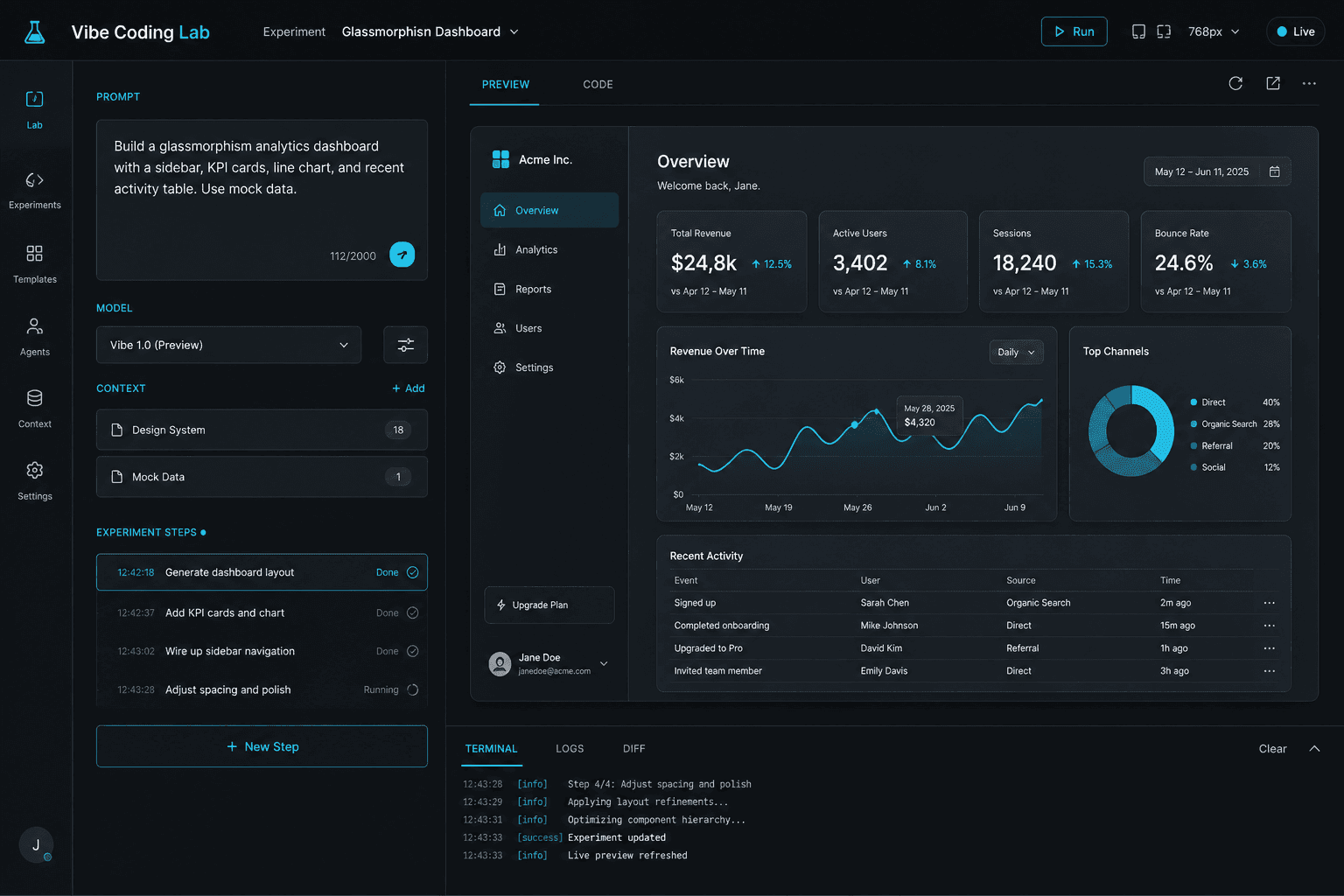 Vibe Coding Lab live preview with metrics dashboard and terminal updates.
